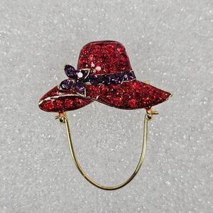 Red Hat Society Purple Red Pave Set Crystal Rhinestone Gold Tn Enamel Brooch Pin